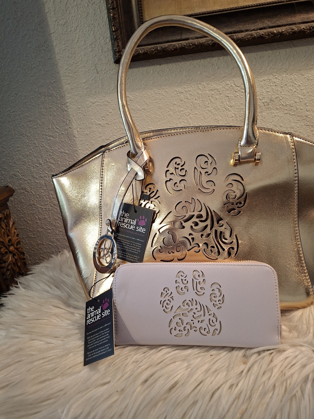 Metallic Gold Tote Bag with Pale Pink Wallet -